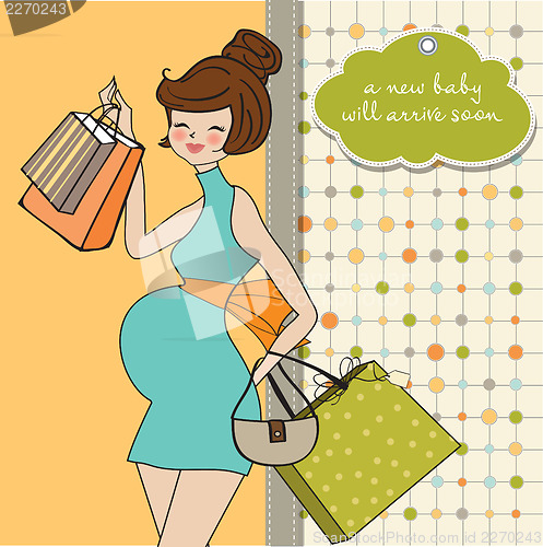 Image of baby announcement card with beautiful pregnant woman on shopping