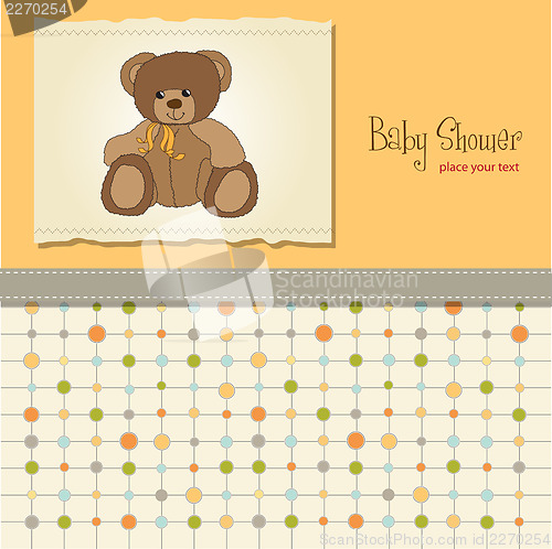 Image of baby shower card with teddy bear toy