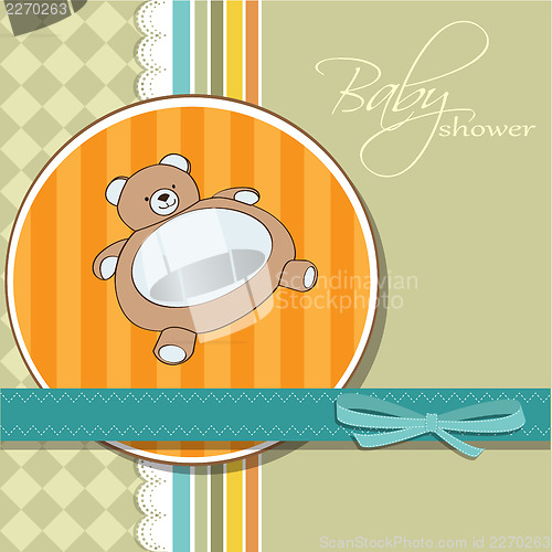 Image of baby shower card with teddy bear toy