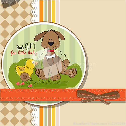 Image of baby shower card with dog and duck toy