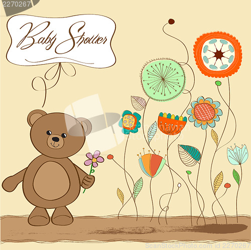 Image of baby shower card with teddy bear toy