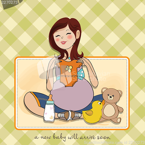 Image of happy pregnant woman, baby shower card