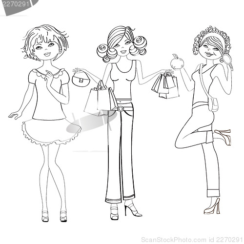 Image of three cute fashion girls, black and white vector illustration is