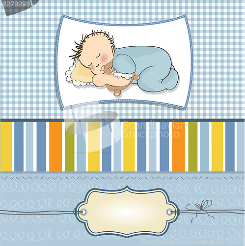 Image of baby shower card with little baby boy sleep with his teddy bear 