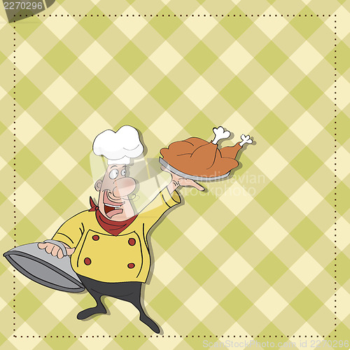 Image of funny cartoon chef with tray of food in hand