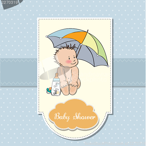 Image of baby boy shower card with funny baby under his umbrella