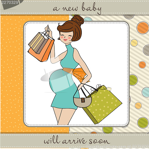 Image of baby announcement card with beautiful pregnant woman on shopping