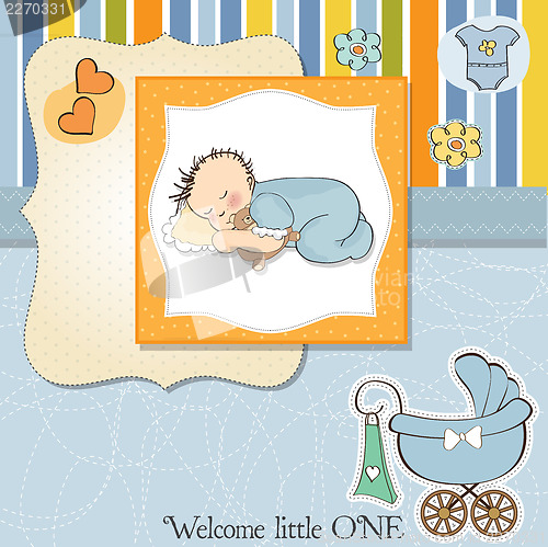 Image of baby shower card with little baby boy sleep with his teddy bear 