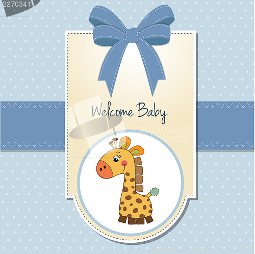 Image of new baby boy announcement card with giraffe