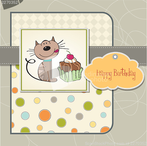 Image of birthday greeting card with a cat waiting to eat a cake