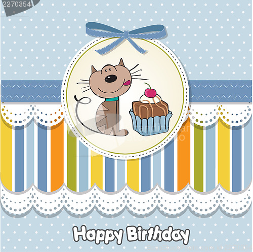 Image of birthday greeting card with a cat waiting to eat a cake