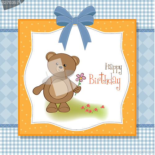 Image of happy birthday card with teddy bear and flower
