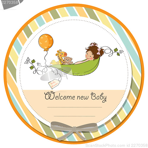 Image of little girl siting in a pea been. baby announcement card