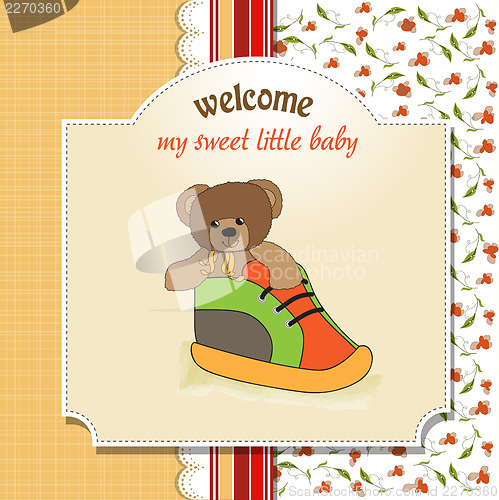 Image of shower card with teddy bear hidden in a shoe