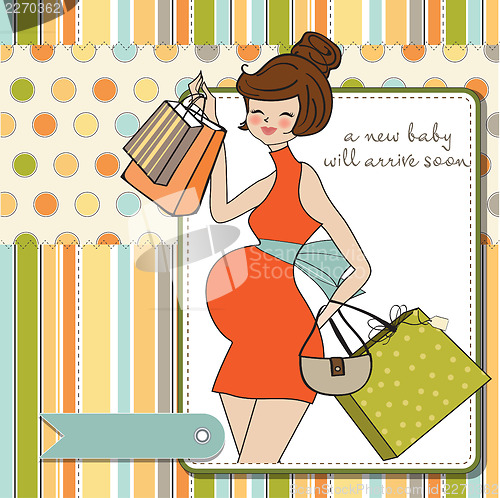 Image of baby announcement card with beautiful pregnant woman on shopping