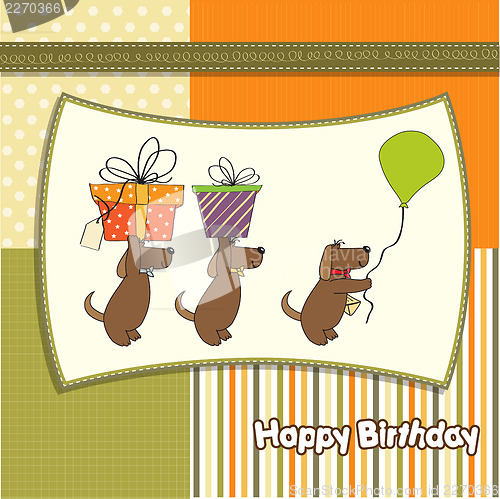 Image of three dogs that offer a big gift. birthday greeting card