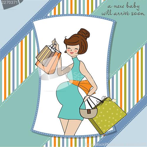 Image of baby announcement card with beautiful pregnant woman on shopping