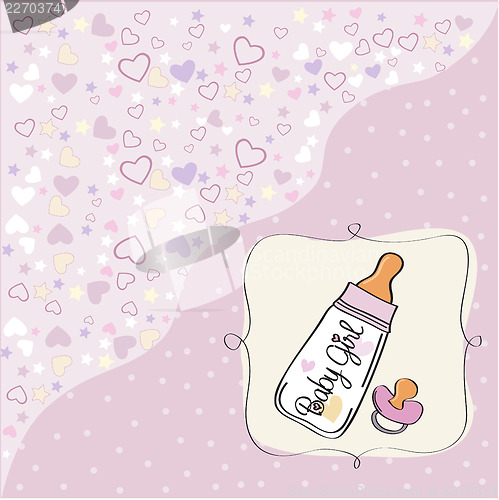 Image of new baby girl announcement card with milk bottle and pacifier