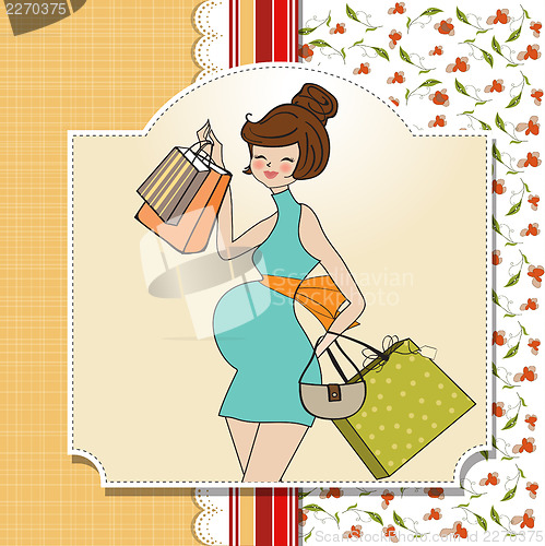 Image of baby announcement card with beautiful pregnant woman on shopping