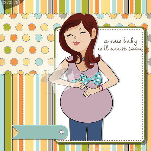 Image of happy pregnant woman, baby shower card