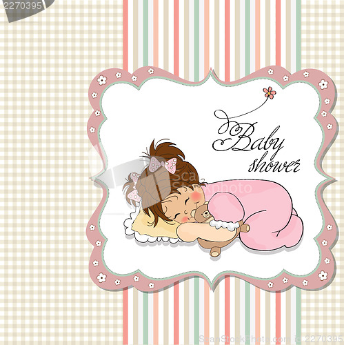 Image of baby shower card with little baby girl play with her teddy bear 