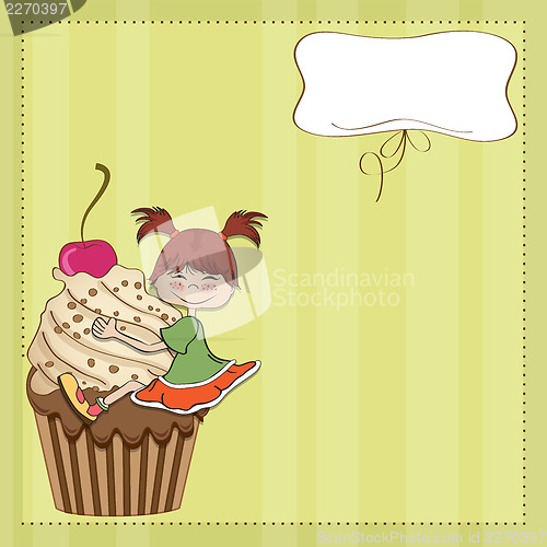 Image of birthday card with funny girl perched on cupcake