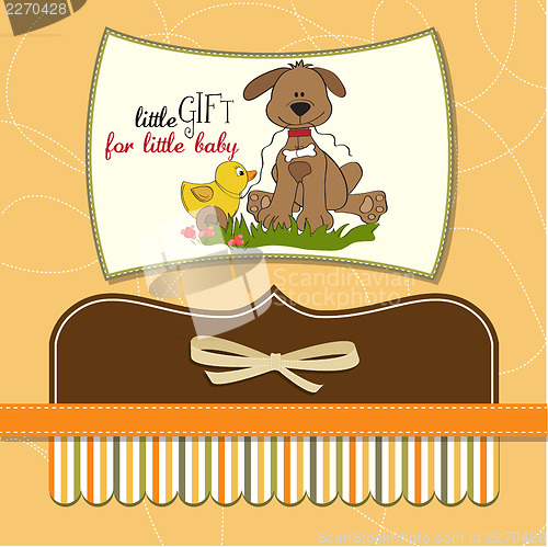 Image of baby shower card with dog and duck toy