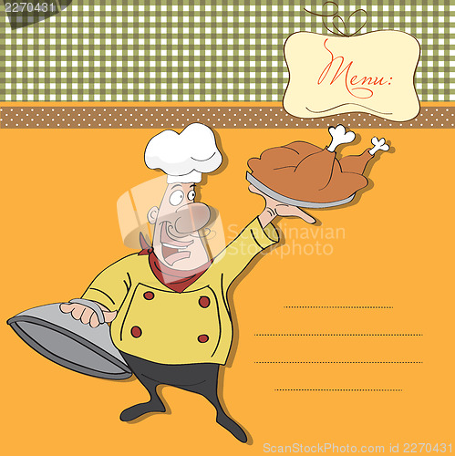 Image of funny cartoon chef with tray of food in hand