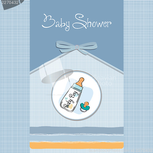 Image of baby announcement card with milk bottle and pacifier