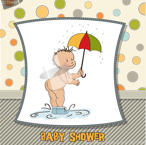 Image of baby boy shower card with funny baby under his umbrella