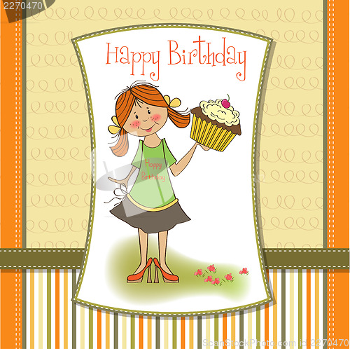 Image of birthday greeting card with girl and big cupcake