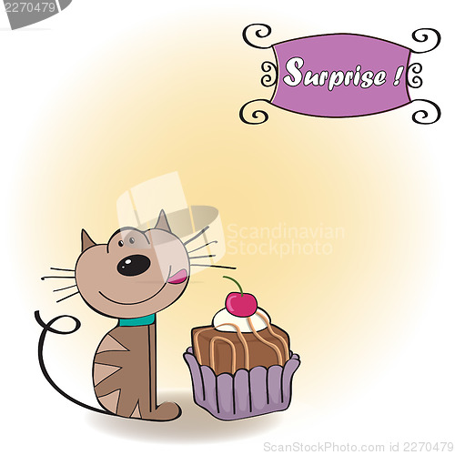 Image of birthday greeting card with a cat waiting to eat a cake