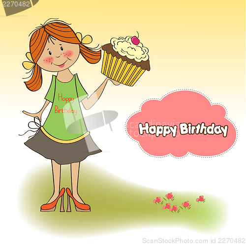 Image of birthday greeting card with girl and big cupcake