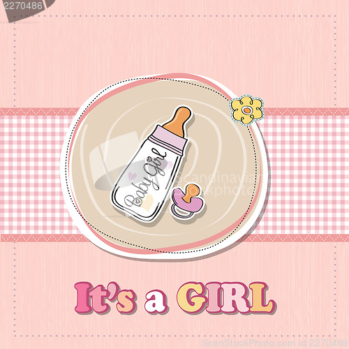 Image of new baby girl announcement card with milk bottle and pacifier