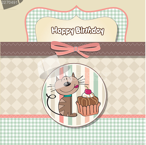 Image of birthday greeting card with a cat waiting to eat a cake