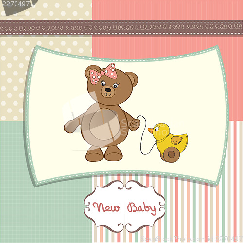 Image of welcome baby card with girl teddy bear and her duck