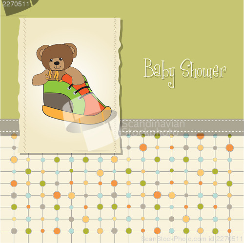 Image of shower card with teddy bear hidden in a shoe