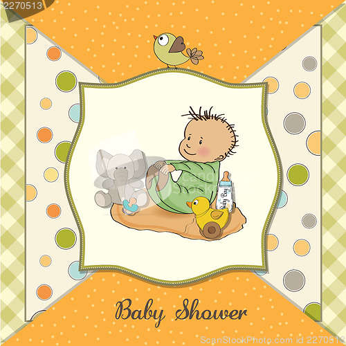 Image of little baby boy play with his toys. shower card in vector format
