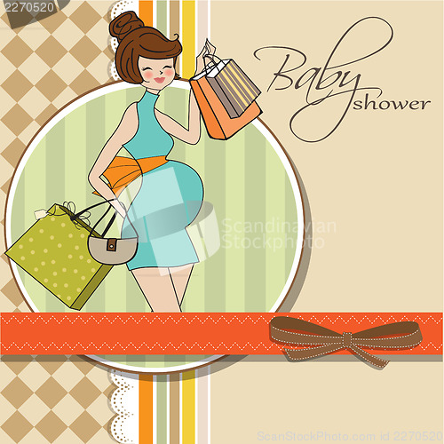 Image of baby announcement card with beautiful pregnant woman on shopping