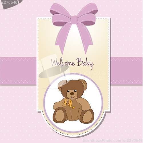 Image of baby girl welcome card with teddy bear