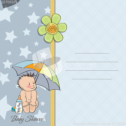 Image of baby boy shower card with funny baby under his umbrella