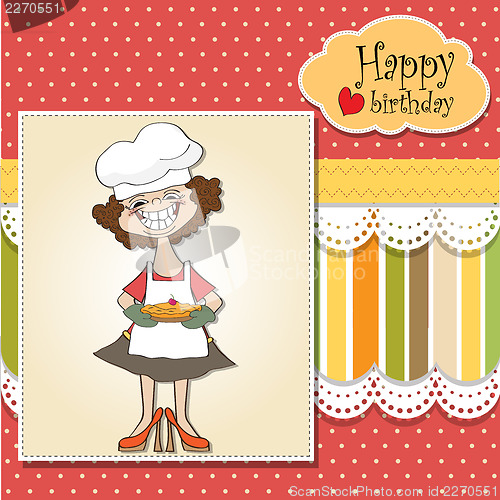 Image of birthday greeting card with funny woman and pie