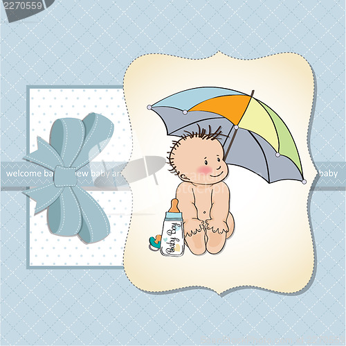 Image of baby boy shower card with funny baby under his umbrella