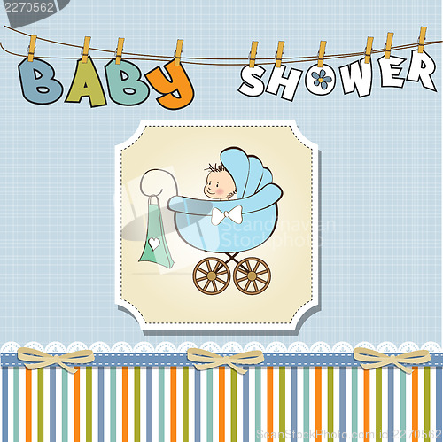 Image of baby boy announcement card with baby and pram