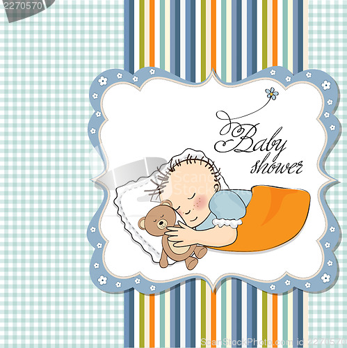 Image of baby shower card with little baby boy sleep with his teddy bear 