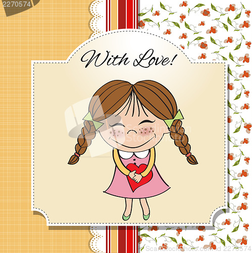 Image of Funny girl with hearts. Doodle cartoon character.