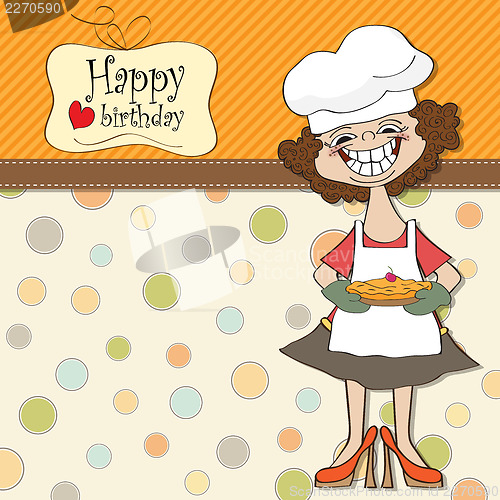 Image of birthday greeting card with funny woman and pie