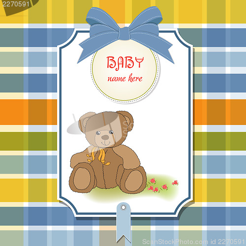Image of new baby announcement card with teddy bear