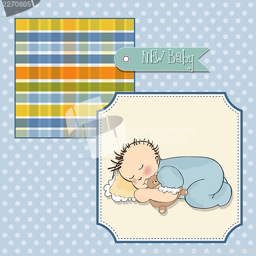 Image of baby shower card with little baby boy sleep with his teddy bear 