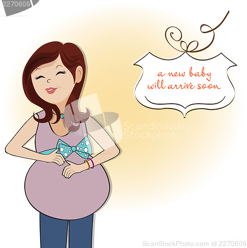 Image of happy pregnant woman, baby shower card